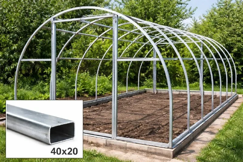 Арочный каркас теплицы из оцинкованной профильной трубы 40 × 20 мм, установленный на участке